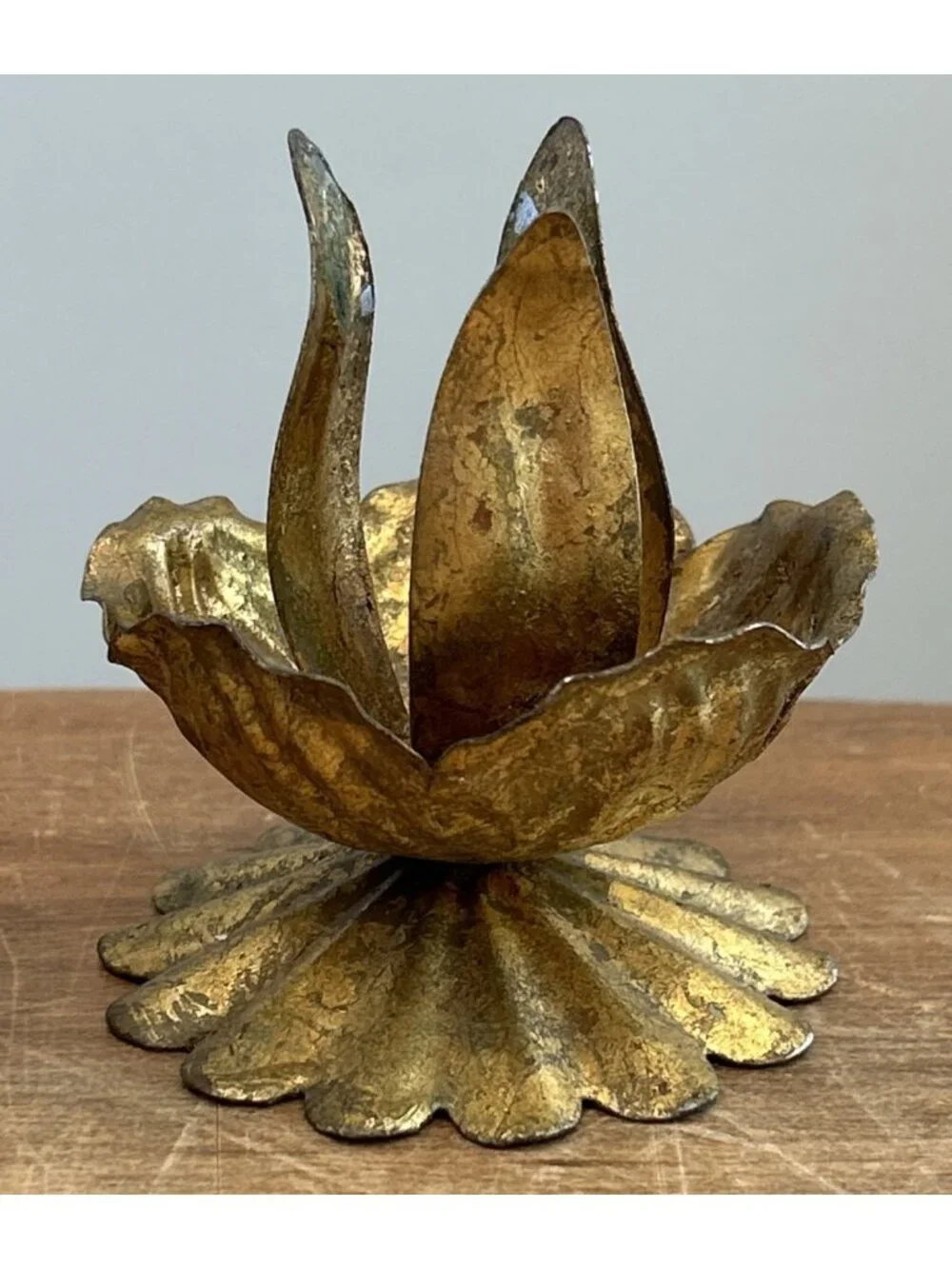 2- Italian Florentine Gilt Metal Tole Lotus Blossom Candleholder Made in Italy